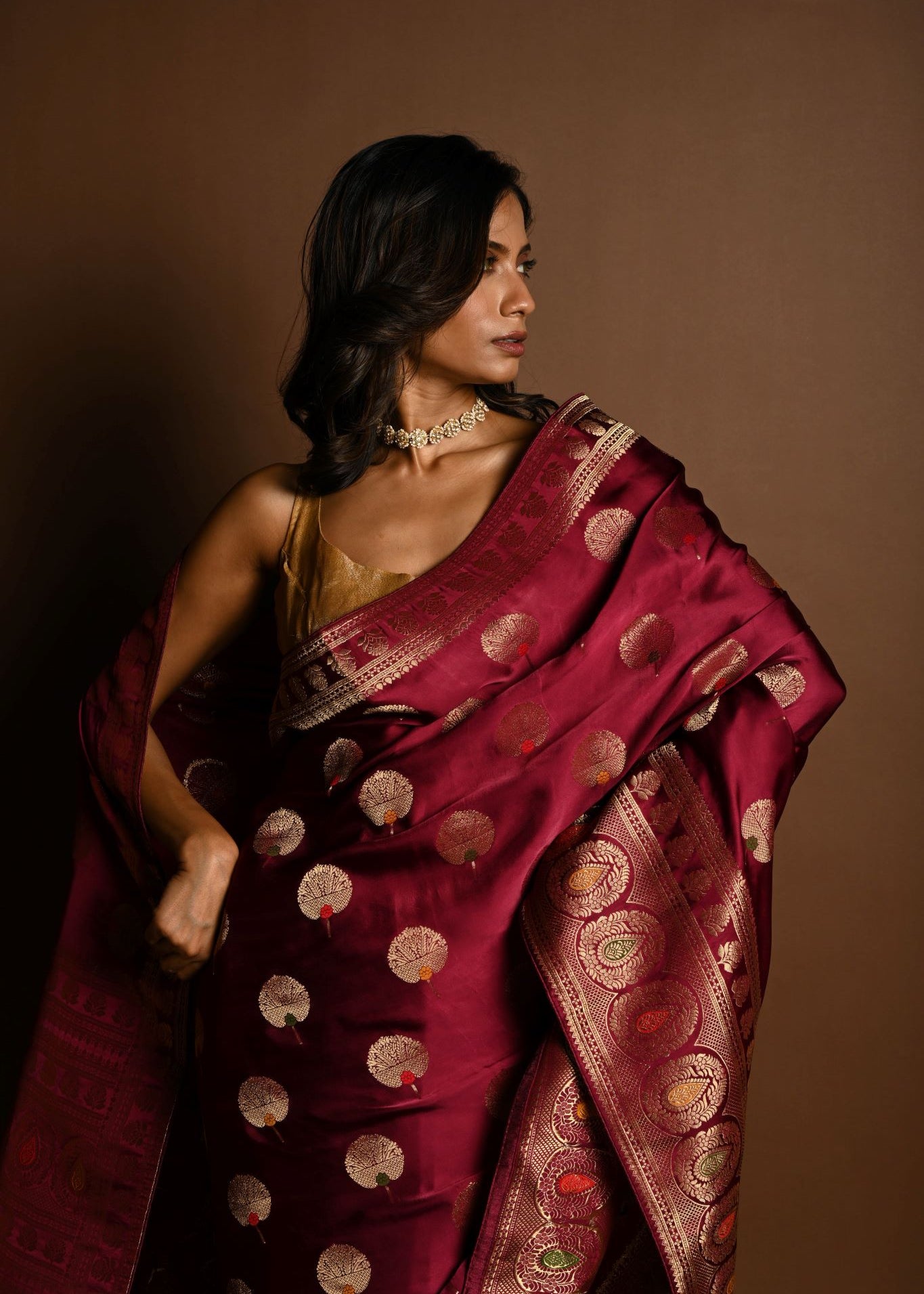 Wine Red Meenakari Mashru Satin Silk Handloom Banarasi Saree - Anvi Couture