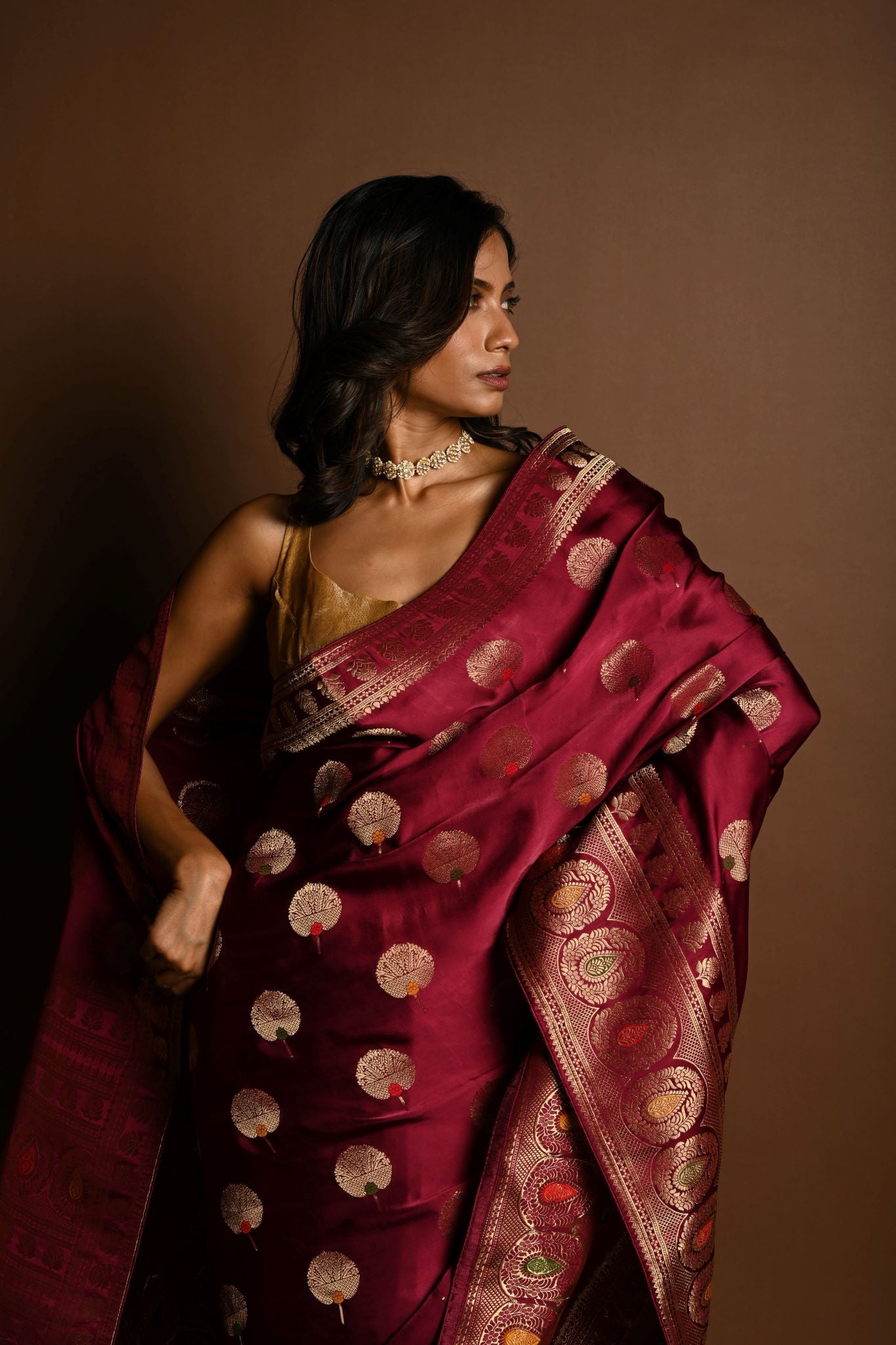 Wine Red Meenakari Mashru Satin Silk Handloom Banarasi Saree - Anvi Couture