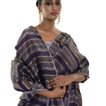 Blue and Silver Striped Woven Silk Saree with Unstitched Blouse Piece - Anvi Couture