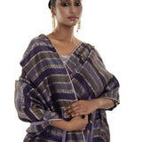 Blue and Silver Striped Woven Silk Saree with Unstitched Blouse Piece - Anvi Couture