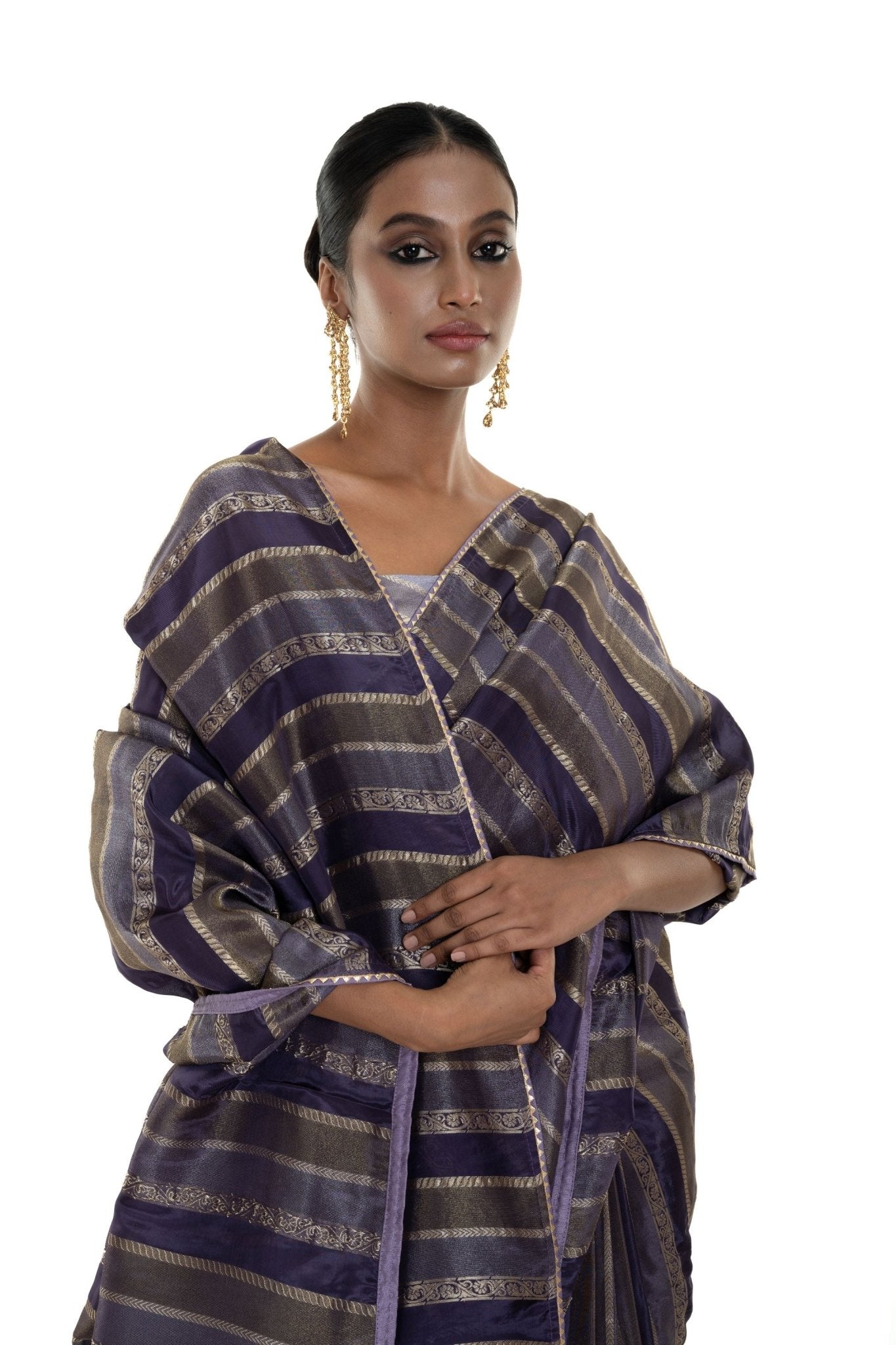 Blue and Silver Striped Woven Silk Saree with Unstitched Blouse Piece - Anvi Couture