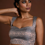 Gray Sleeveless Blouse in Brocade Silk with Back Closure - Anvi Couture