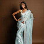 Ice Blue Satin Saree With Stone Studded Saree and Unstitched Blouse Piece - Anvi Couture