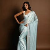 Ice Blue Satin Saree With Stone Studded Saree and Unstitched Blouse Piece - Anvi Couture