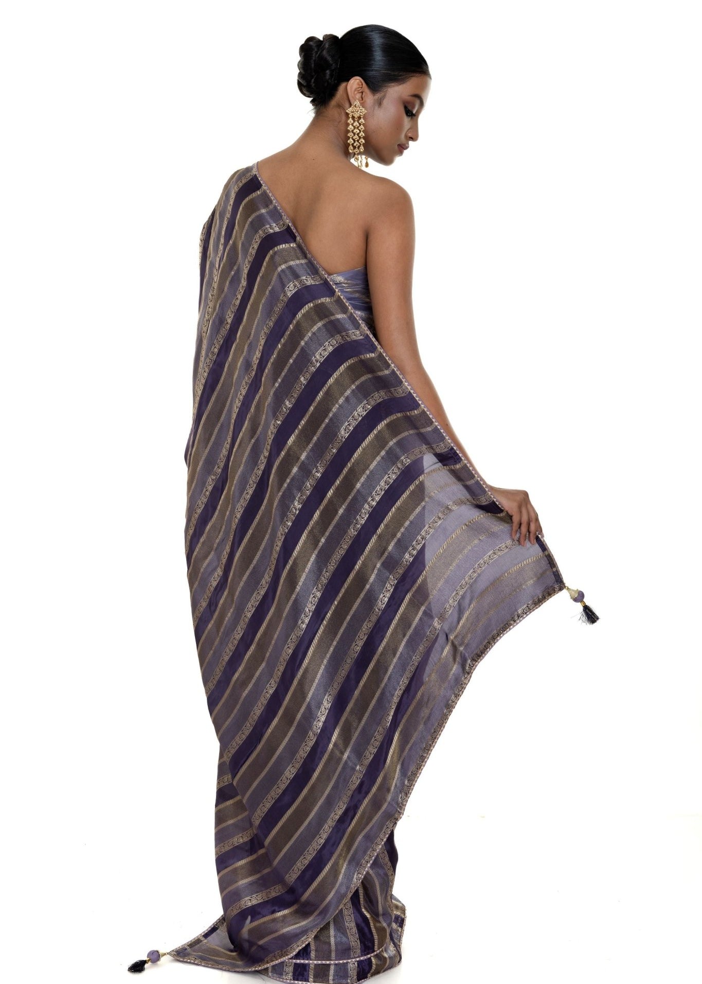 Blue and Silver Striped Silk Saree