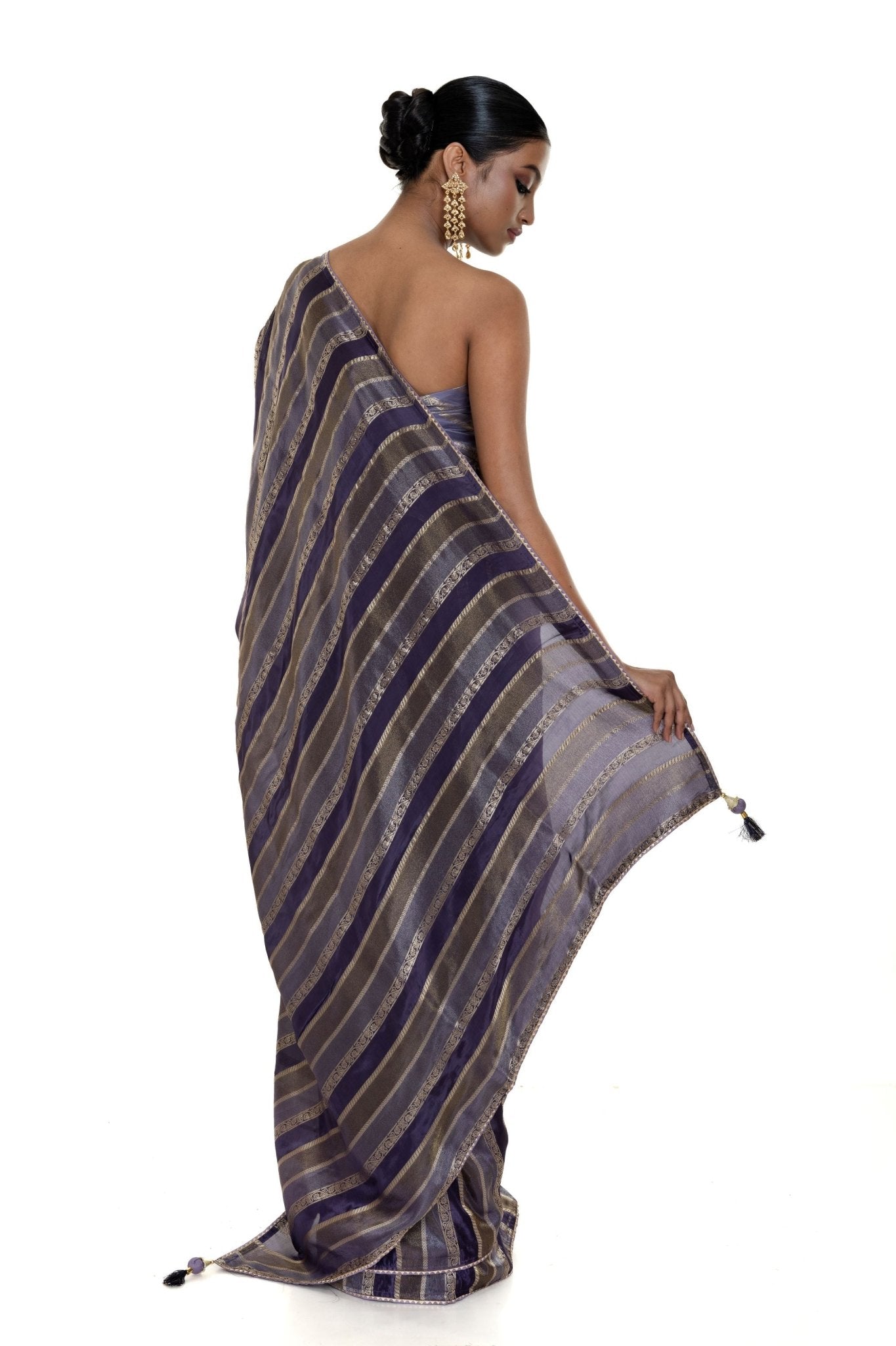 Blue and Silver Striped Woven Silk Saree with Unstitched Blouse Piece - Anvi Couture