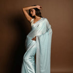 Ice Blue Satin Saree With Stone Studded Saree and Unstitched Blouse Piece - Anvi Couture