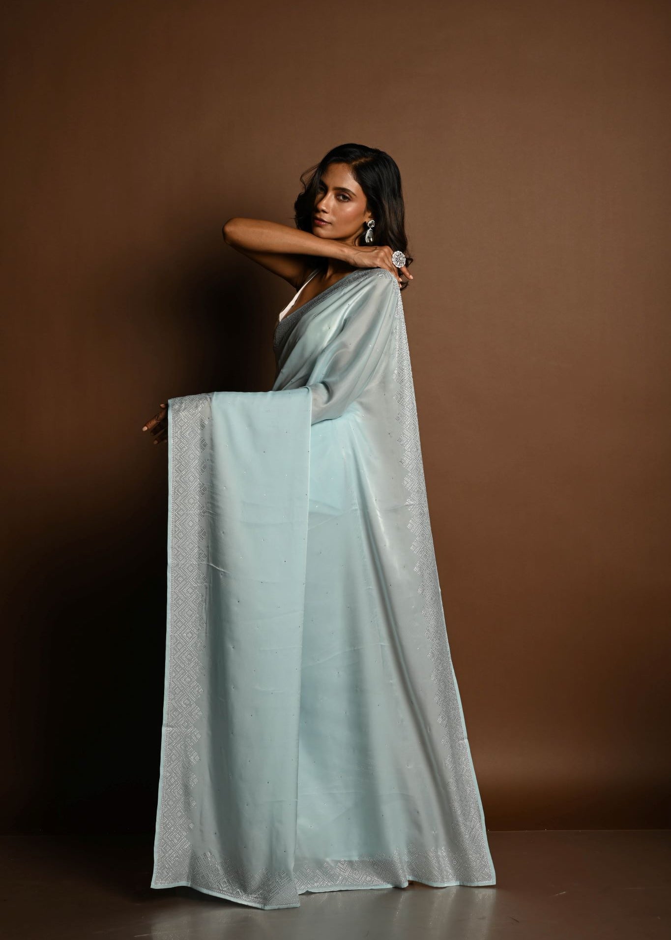 Ice Blue Satin Saree with Stone Studded Saree and Unstitched Blouse Piece - Image 5