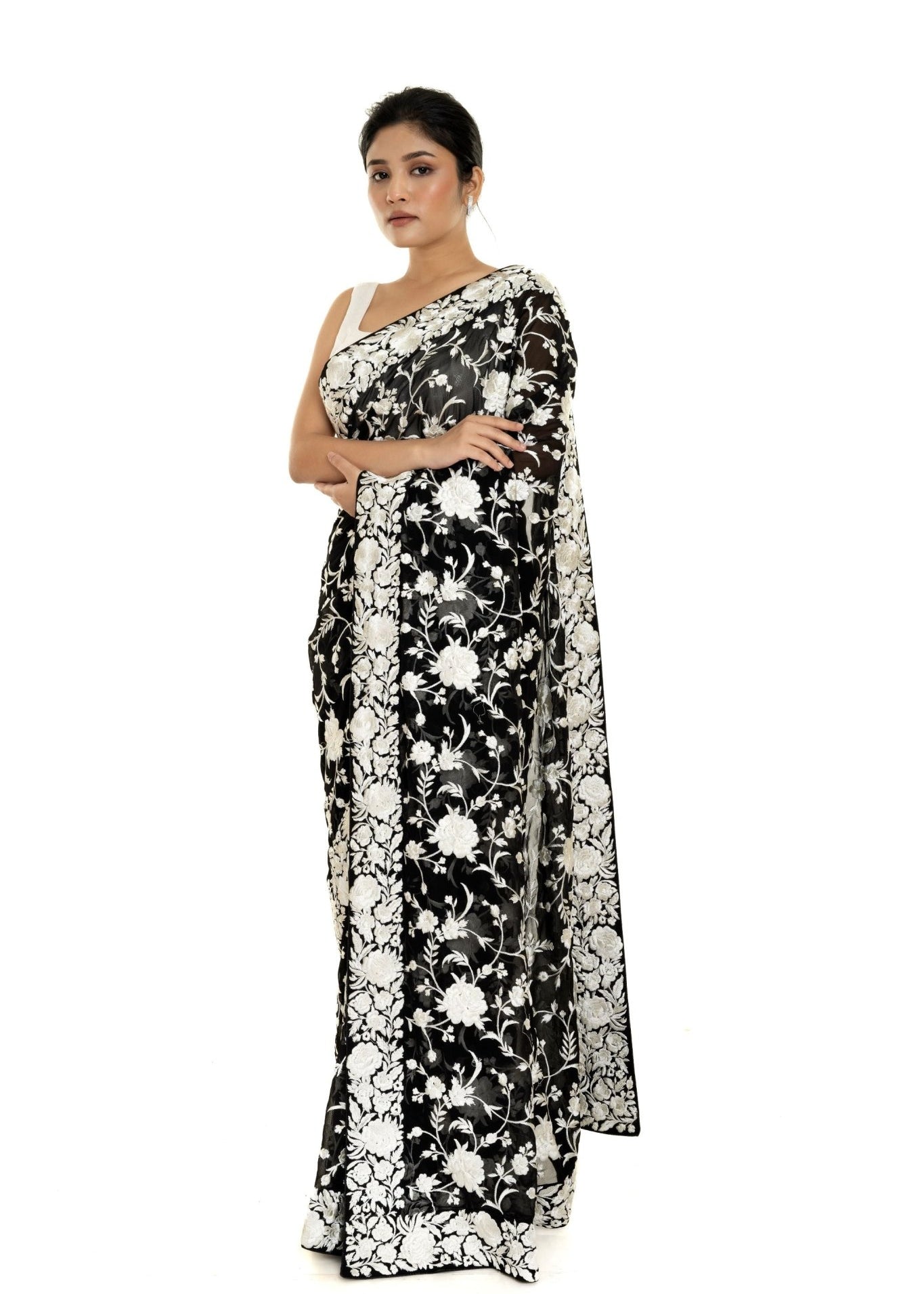 Black Georgette Parsi Gara Saree with Unstitched Blouse Piece - Anvi Couture