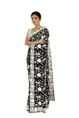 Black Georgette Parsi Gara Saree with Unstitched Blouse Piece