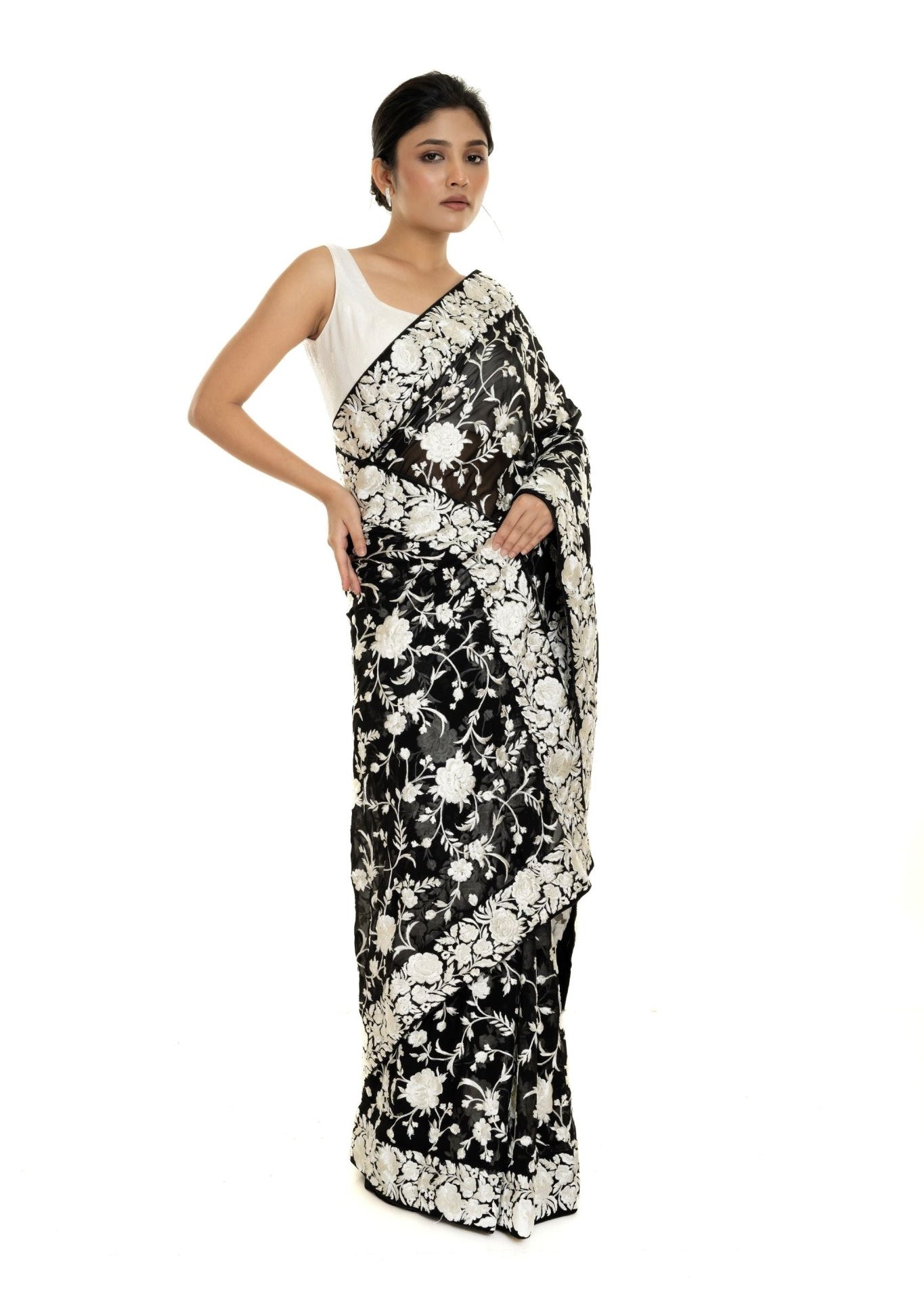 Black Georgette Parsi Gara Saree with Unstitched Blouse Piece - Anvi Couture