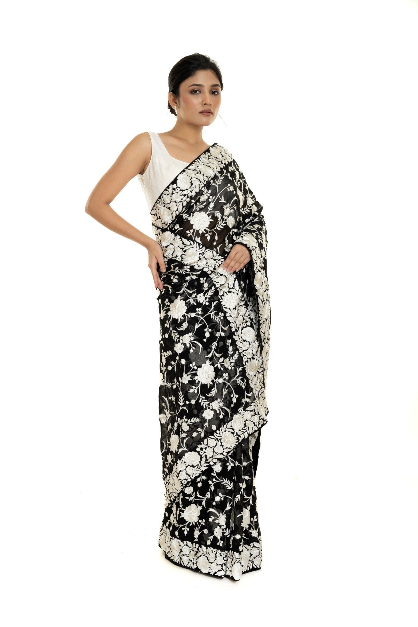 Black Georgette Parsi Gara Saree with Unstitched Blouse Piece - Anvi Couture