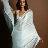 Ice Blue Satin Saree With Stone Studded Saree and Unstitched Blouse Piece - Anvi Couture