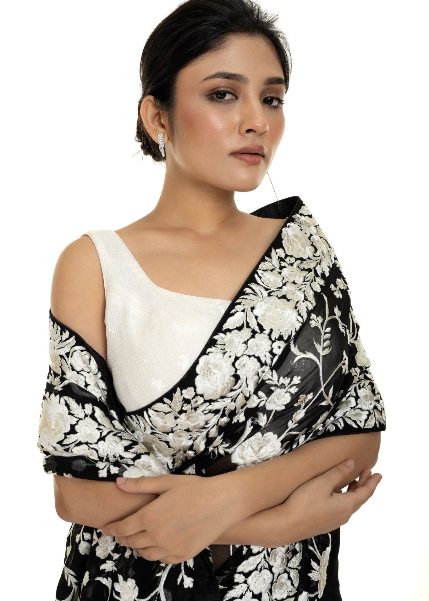 Black Georgette Parsi Gara Saree with Unstitched Blouse Piece - Anvi Couture