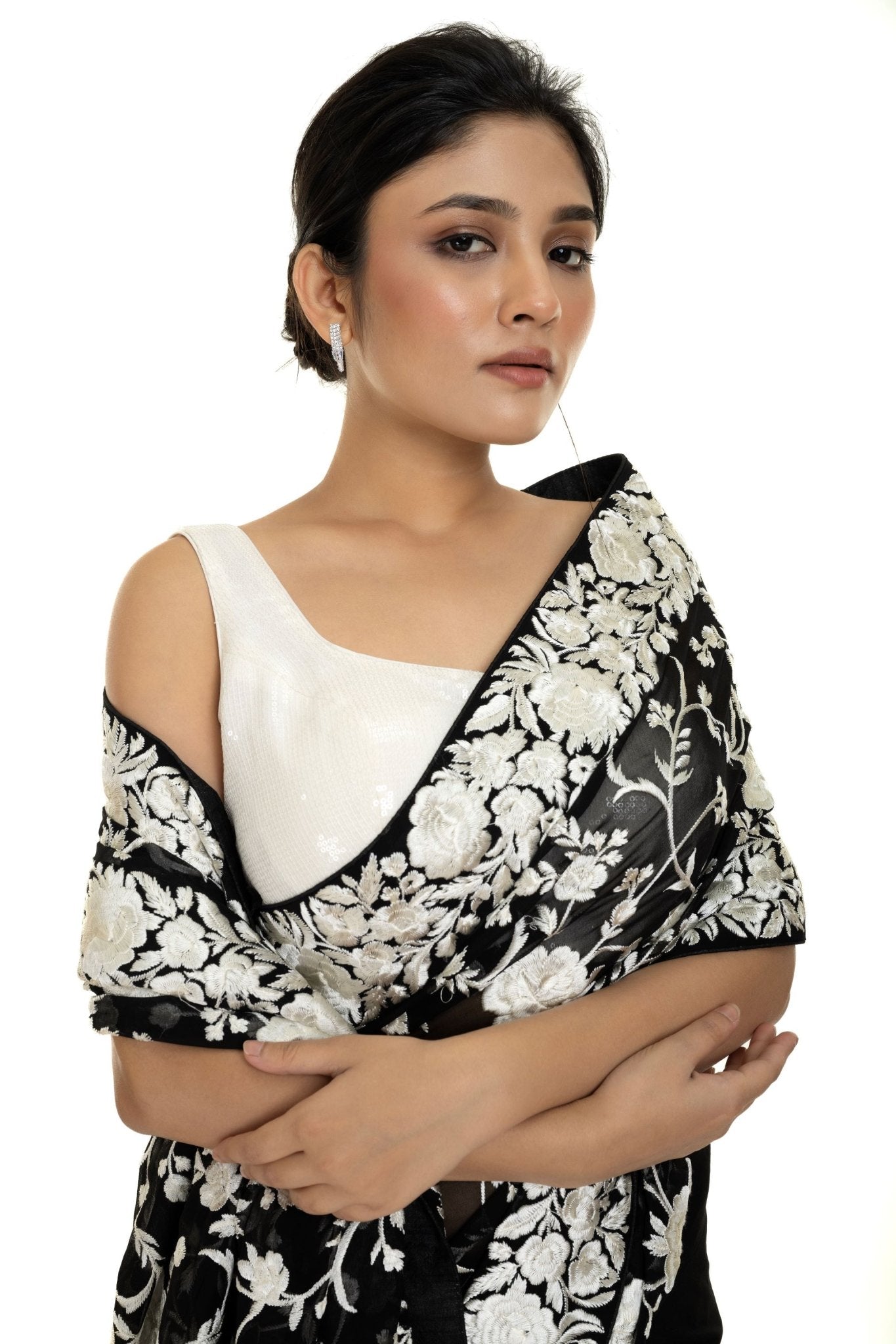 Black Georgette Parsi Gara Saree with Unstitched Blouse Piece - Anvi Couture