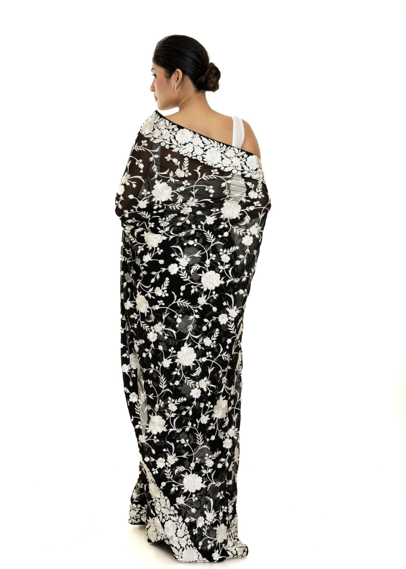 Black Georgette Parsi Gara Saree with Unstitched Blouse Piece - Anvi Couture