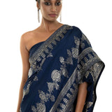 Blue Handwoven Floral Printed Art Silk Saree Adorned with Stone Embroidery Work