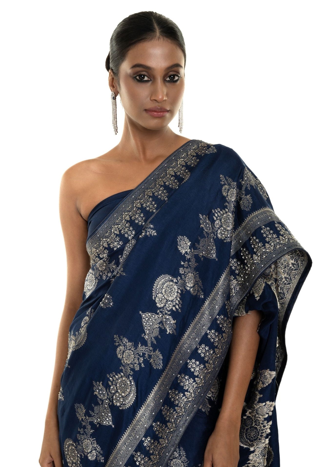 Navi Blue Silk Woven Saree with Stonework and Unstitched Blouse Piece - Anvi Couture