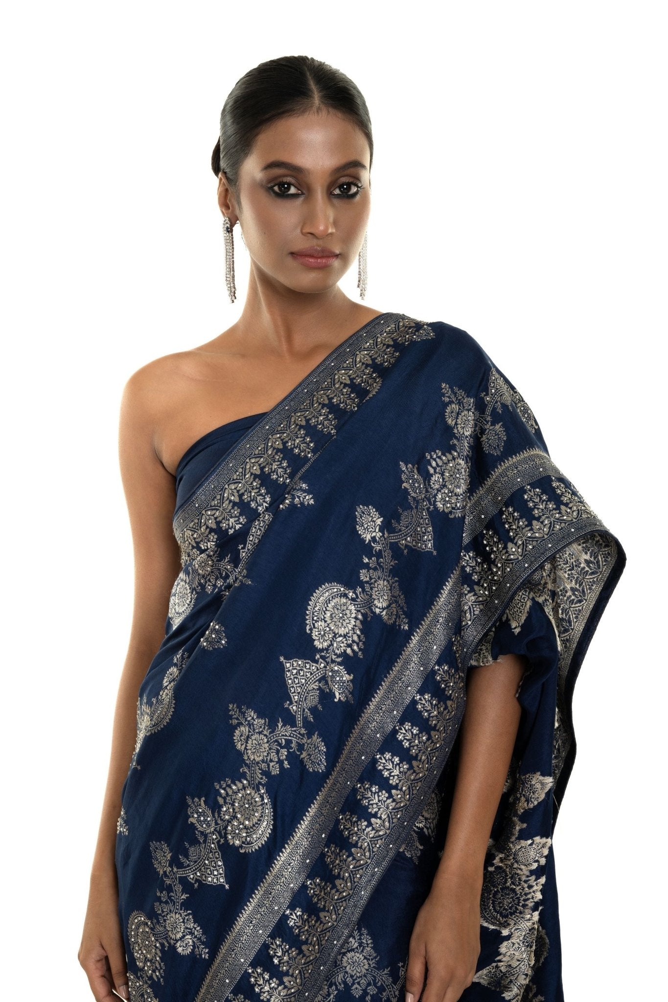 Navi Blue Silk Woven Saree with Stonework and Unstitched Blouse Piece - Anvi Couture