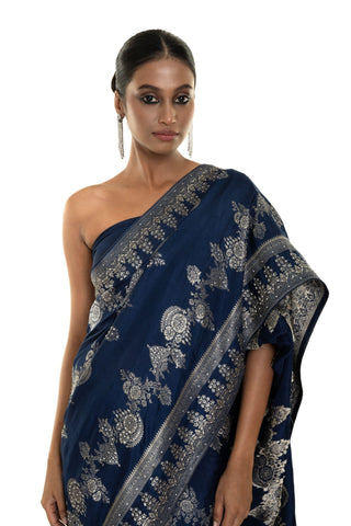 Navy Blue Silk Woven Saree with Stonework and Unstitched Blouse Piece