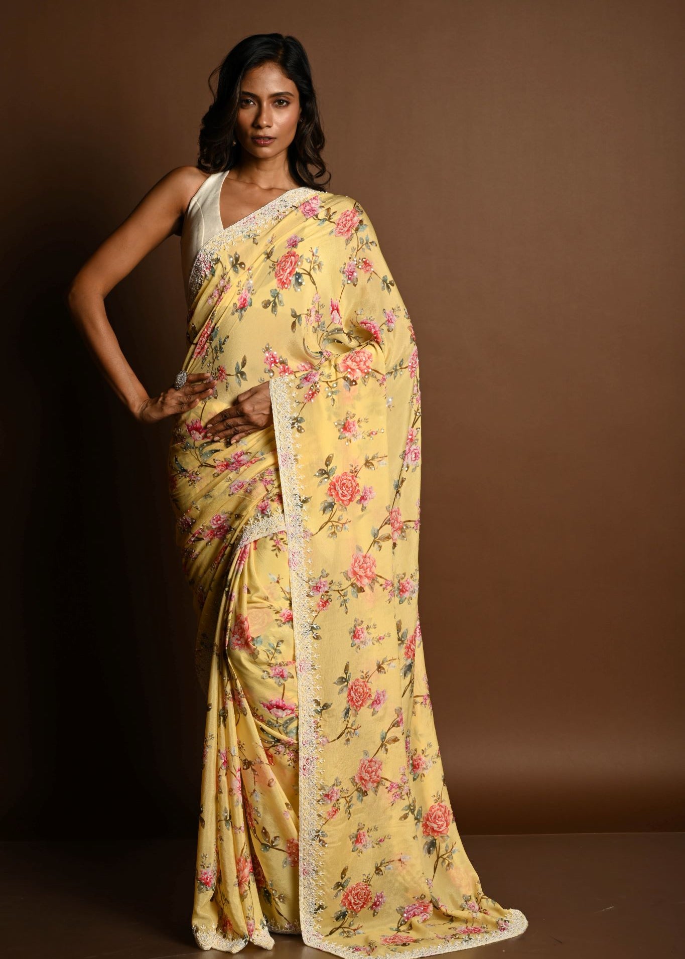 Butter Yellow Georgette Saree with Floral Prints and Pearl Embroidery Border - Anvi Couture