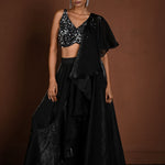 Black Glass Organza Fusion Lehenga with Sequin Choli and Ruffle Dupatta - Anvi Couture