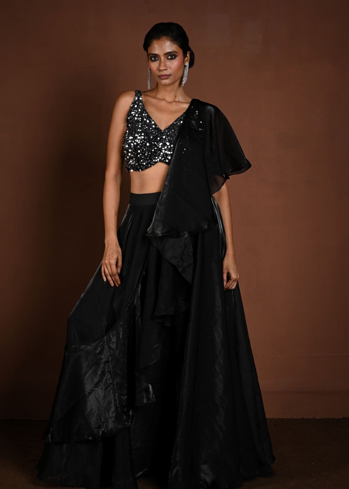 Black Glass Organza Fusion Lehenga with Sequin Choli and Ruffle Dupatta - Anvi Couture