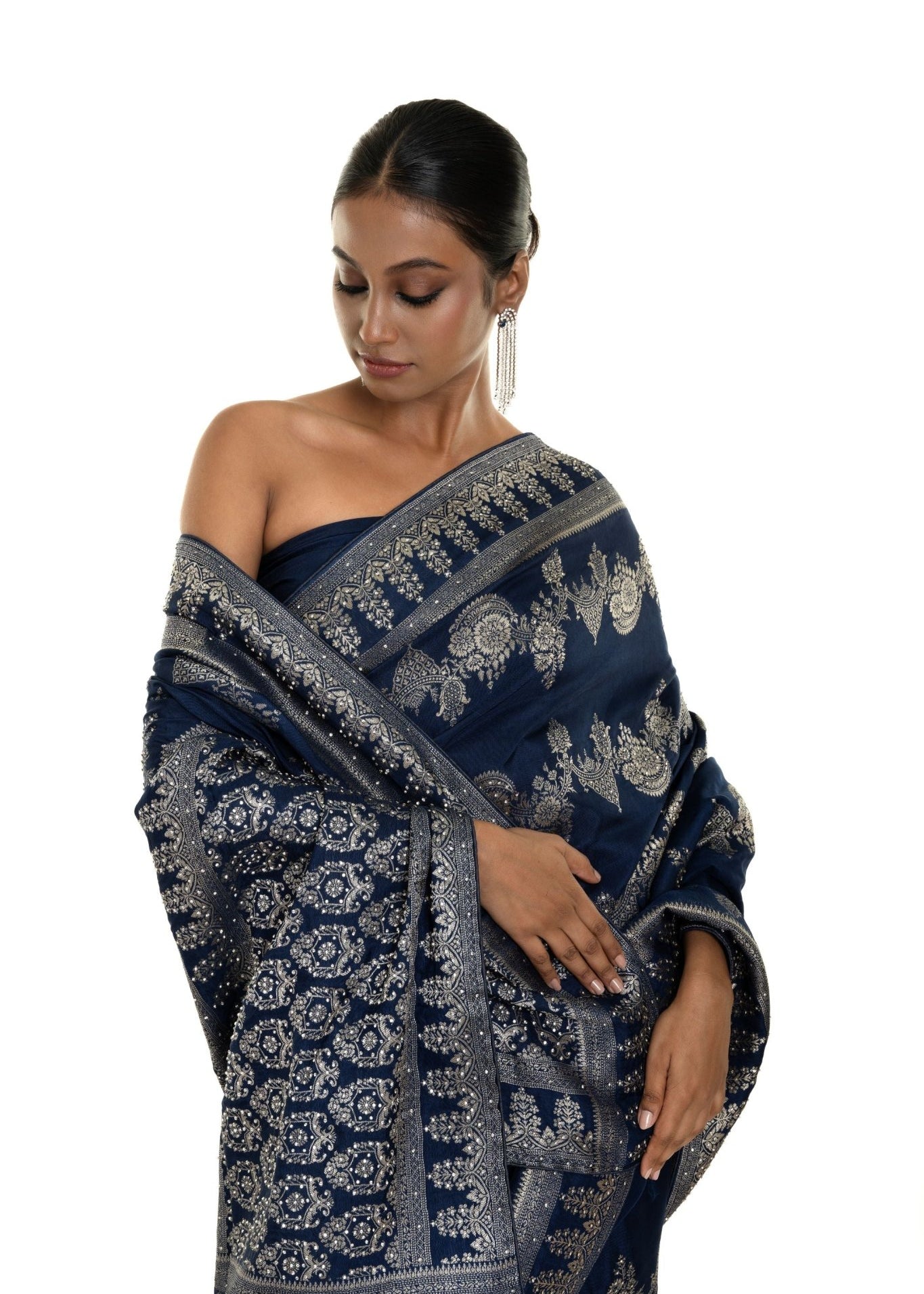 Navi Blue Silk Woven Saree with Stonework and Unstitched Blouse Piece - Anvi Couture