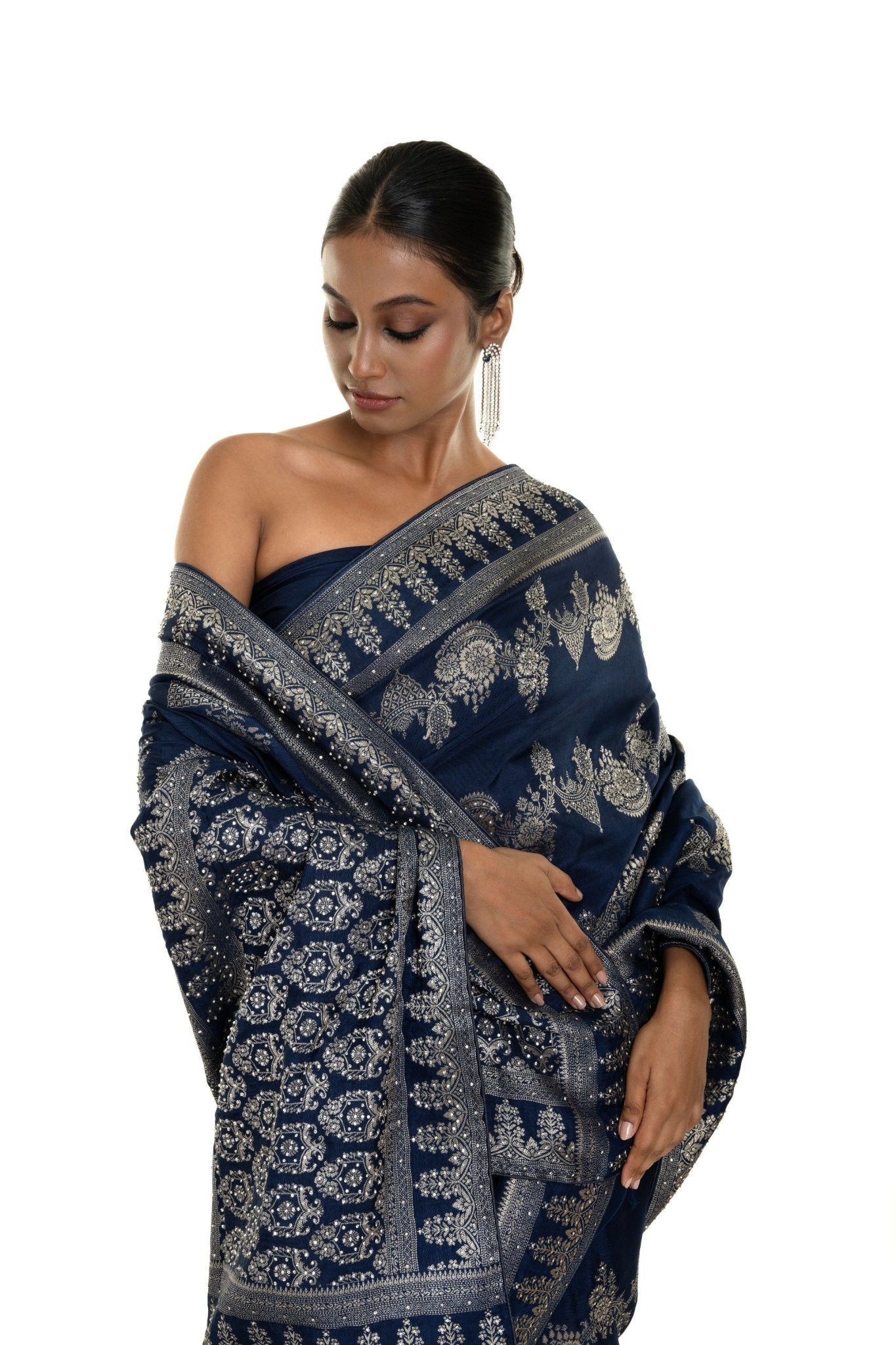 Navi Blue Silk Woven Saree with Stonework and Unstitched Blouse Piece - Anvi Couture