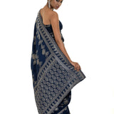 Blue Handwoven Floral Printed Art Silk Saree Adorned with Stone Embroidery Work