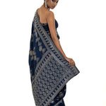 Navi Blue Silk Woven Saree with Stonework and Unstitched Blouse Piece - Anvi Couture