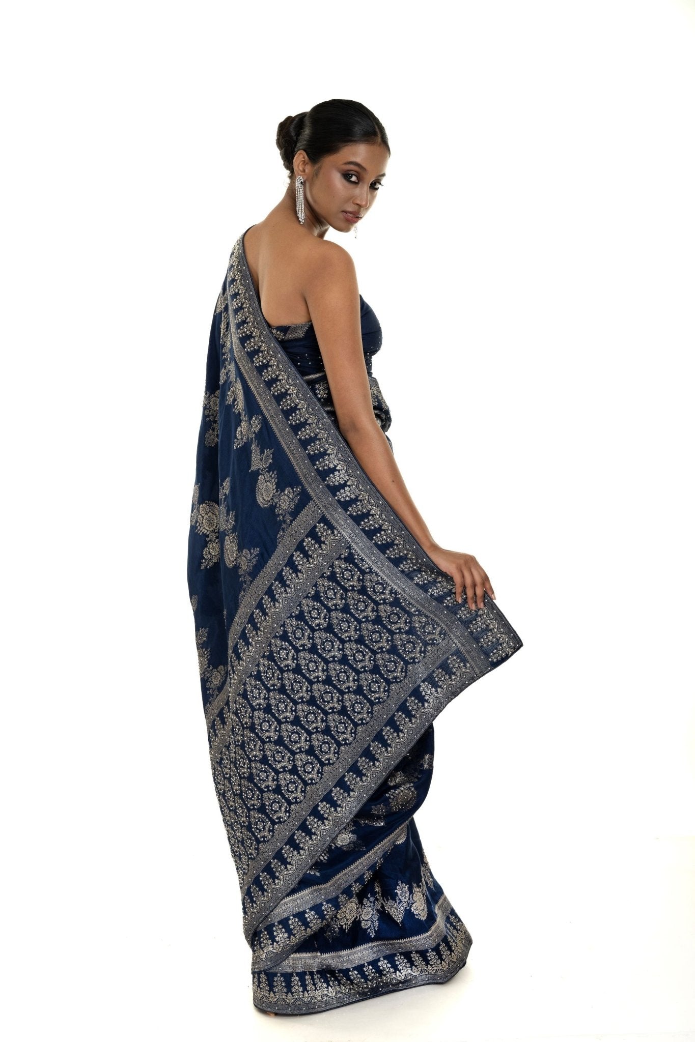 Navi Blue Silk Woven Saree with Stonework and Unstitched Blouse Piece - Image 3