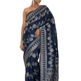 Blue Handwoven Floral Printed Art Silk Saree Adorned with Stone Embroidery Work