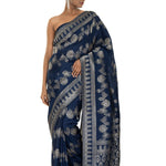 Navi Blue Silk Woven Saree with Stonework and Unstitched Blouse Piece - Anvi Couture