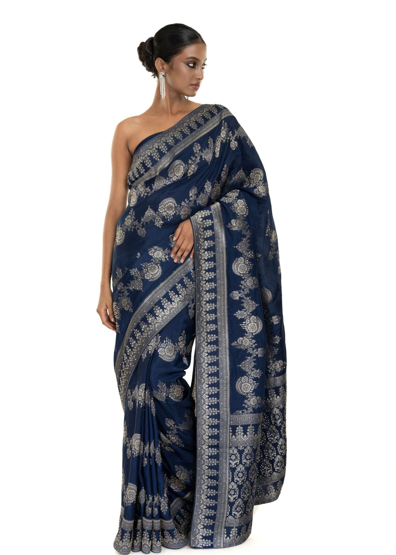 Navi Blue Silk Woven Saree with Stonework and Unstitched Blouse Piece - image 4