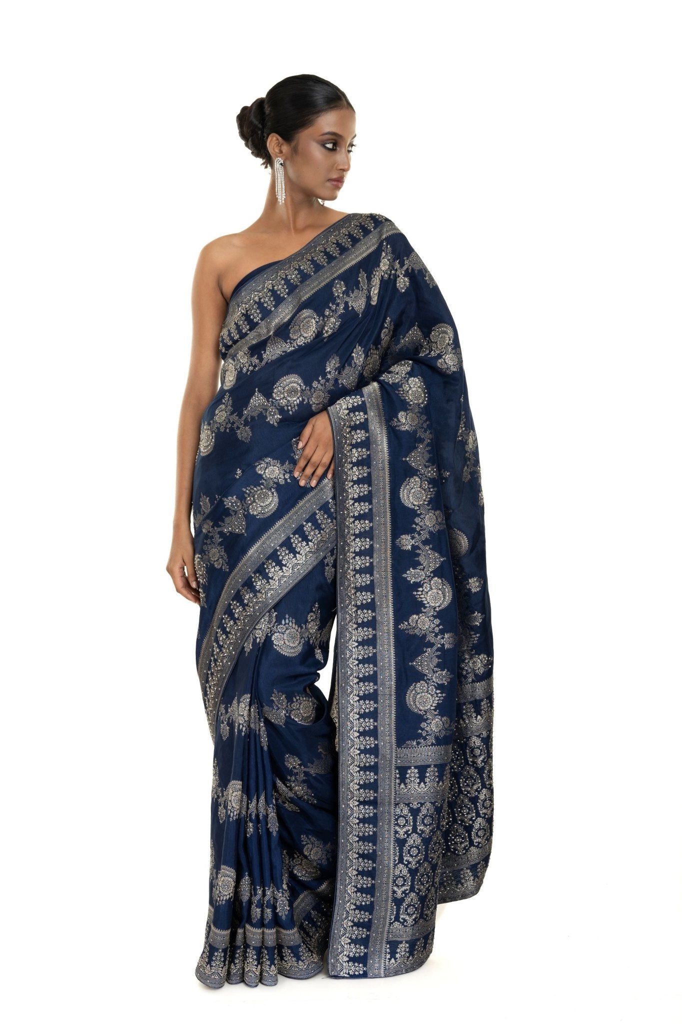 Navi Blue Silk Woven Saree with Stonework and Unstitched Blouse Piece - Anvi Couture