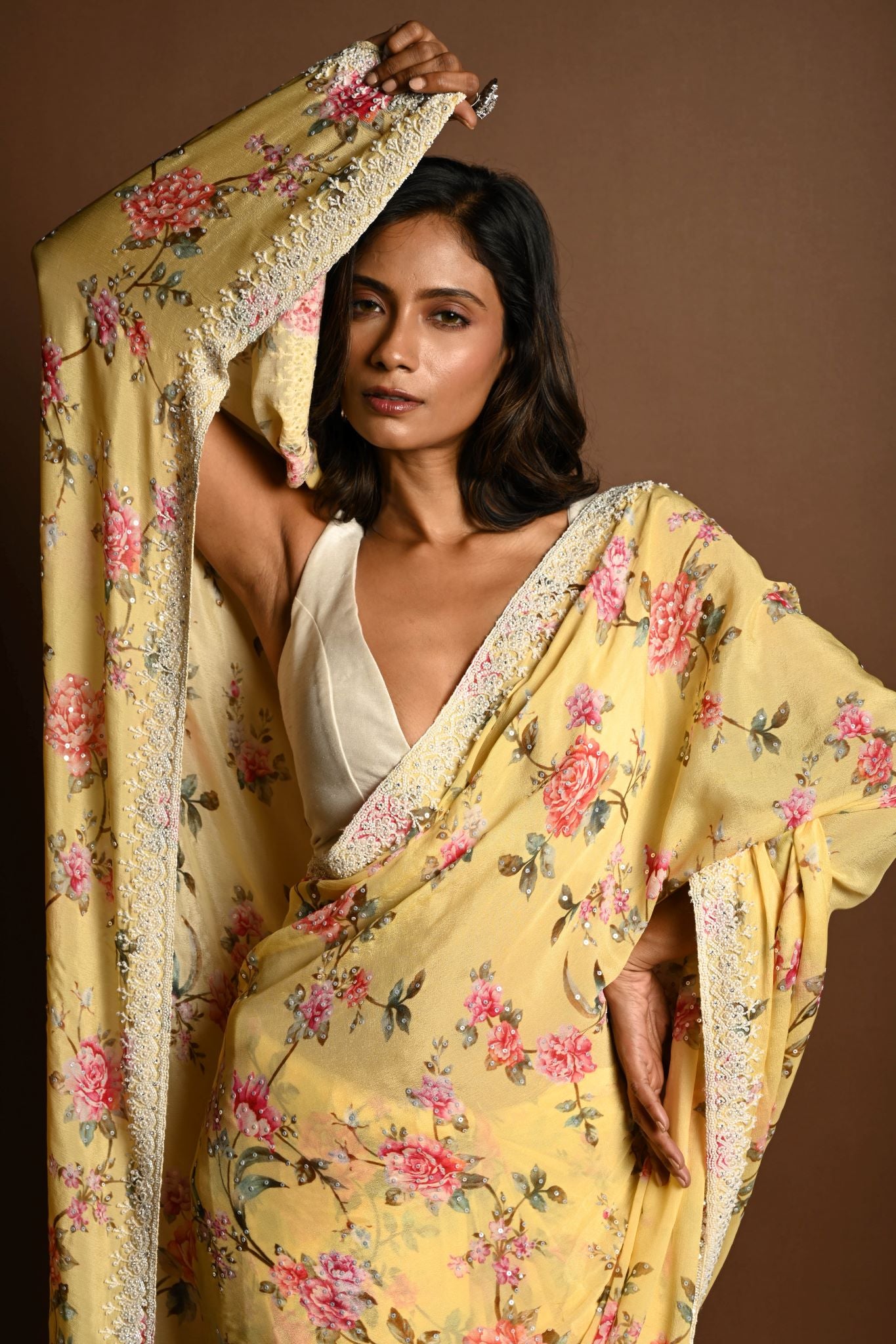 Butter Yellow Georgette Saree with Floral Prints and Pearl Embroidery Border - Anvi Couture