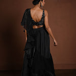 Black Glass Organza Fusion Lehenga with Sequin Choli and Ruffle Dupatta - Anvi Couture