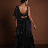 Black Glass Organza Fusion Lehenga with Sequin Choli and Ruffle Dupatta - Anvi Couture