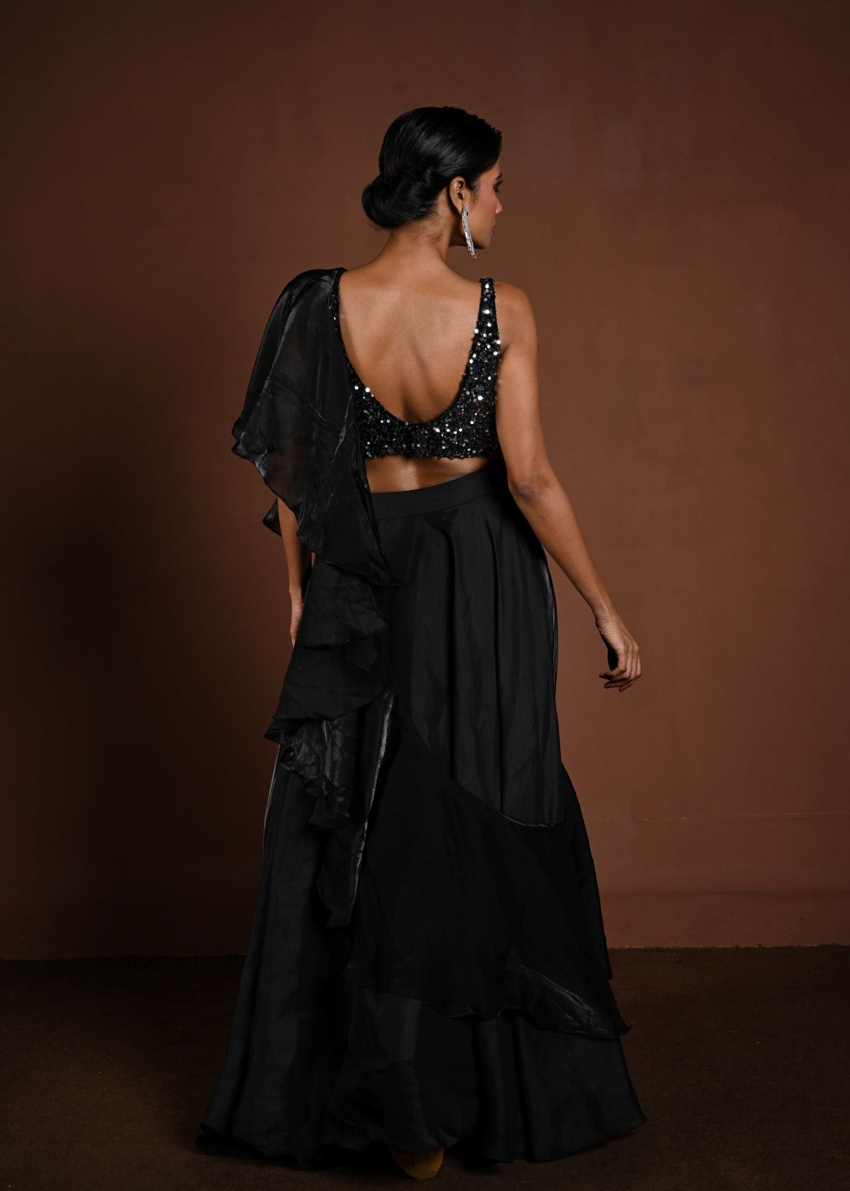 Black Glass Organza Fusion Lehenga with Sequin Choli and Ruffle Dupatta - Anvi Couture