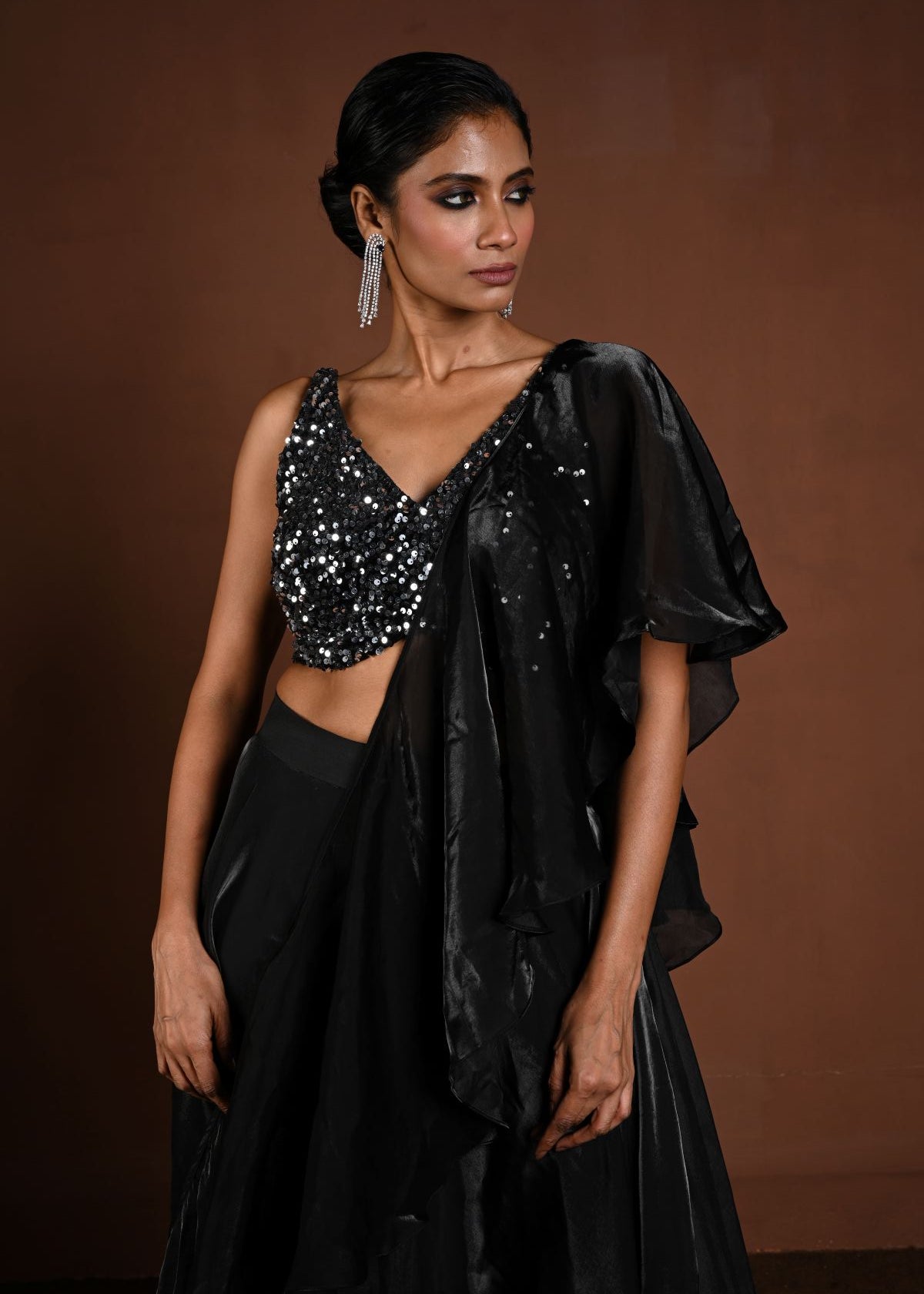 Black Glass Organza Fusion Lehenga with Sequin Choli and Ruffle Dupatta - Anvi Couture