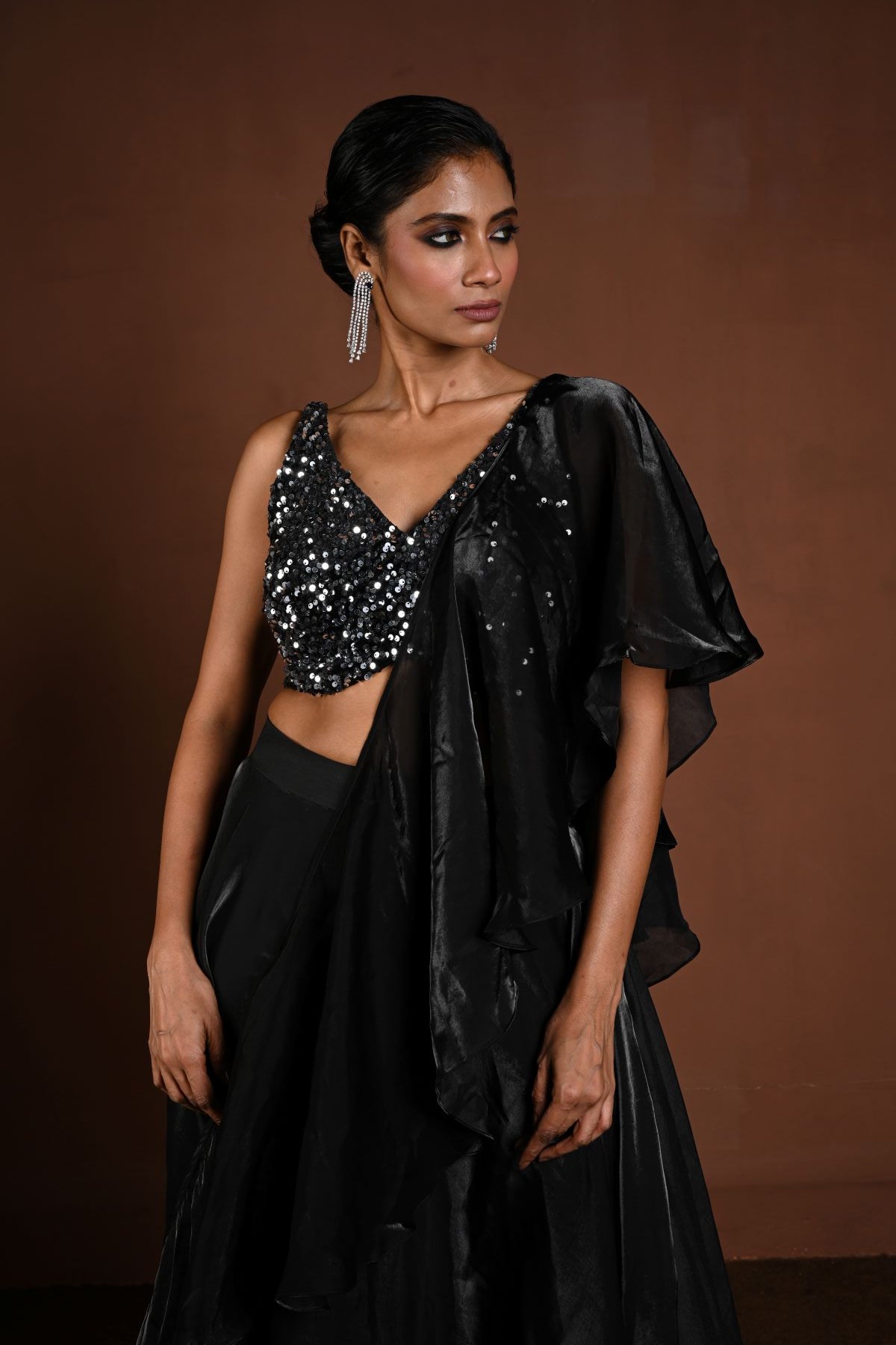 Black Glass Organza Fusion Lehenga with Sequin Choli and Ruffle Dupatta - Anvi Couture