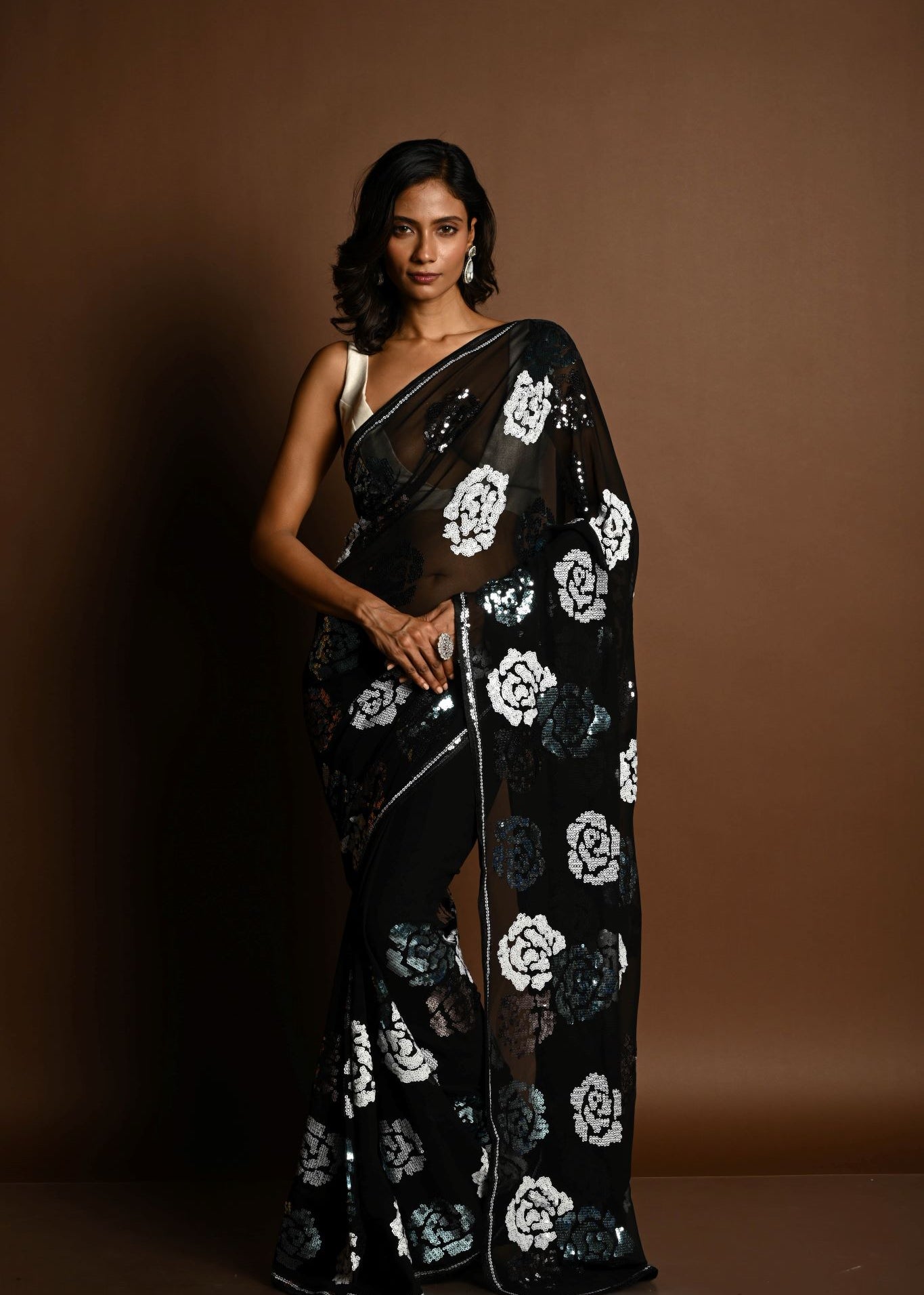 Black Chiffon Saree with Silver and Blue Floral Sequin Work - Anvi Couture