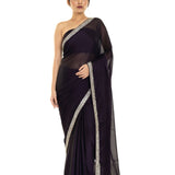 Burgundy Georgette Saree with Stone and Cutdana Embellished Border - Anvi Couture