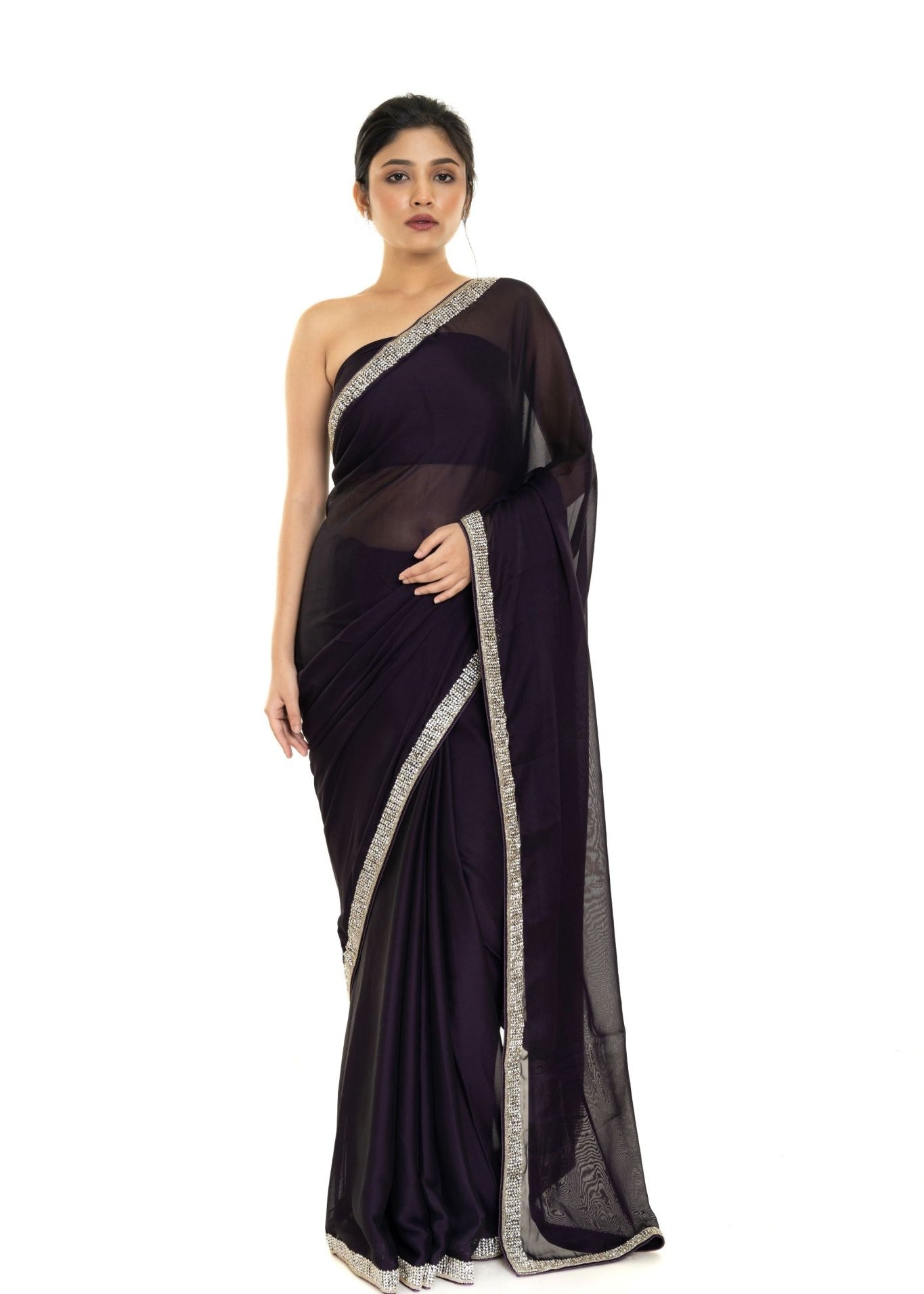 Burgundy Georgette Saree with Stone and Cutdana Embellished Border - Anvi Couture