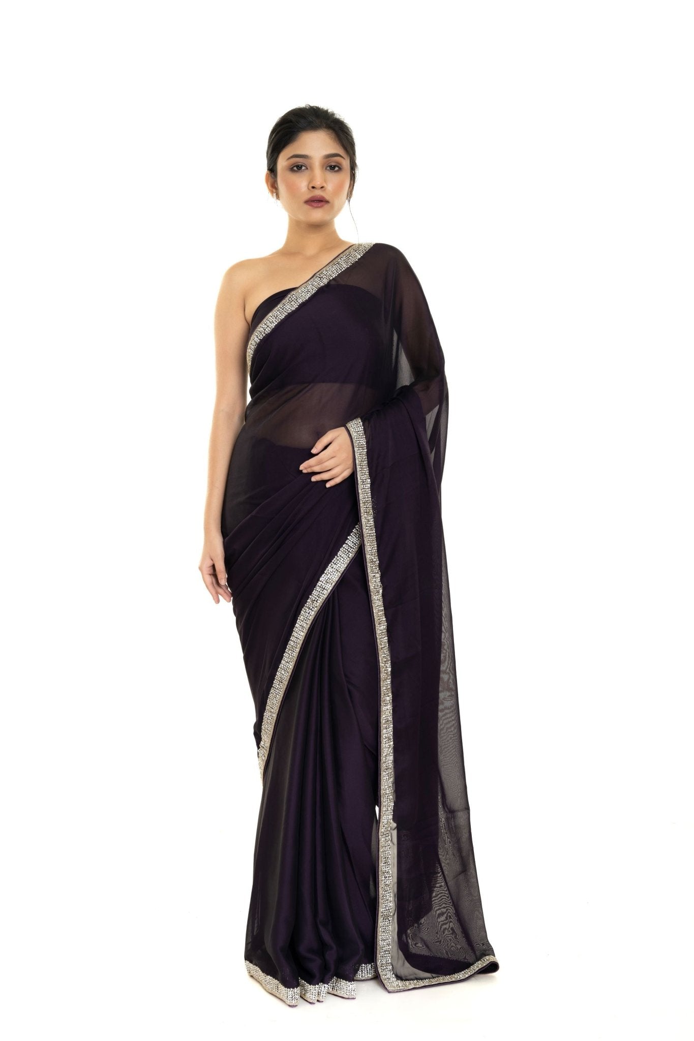 Burgundy Georgette Saree with Stone and Cutdana Embellished Border - Anvi Couture