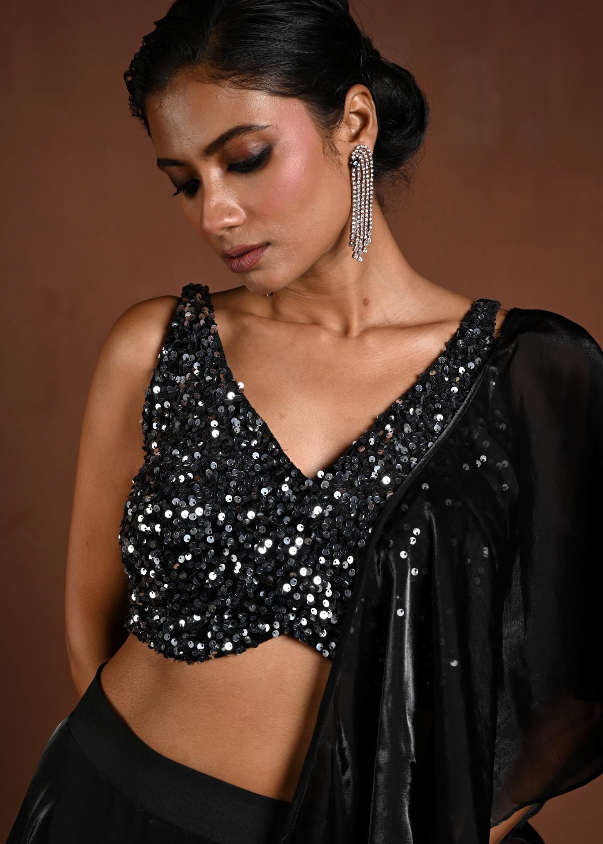 Black Glass Organza Fusion Lehenga with Sequin Choli and Ruffle Dupatta - Anvi Couture