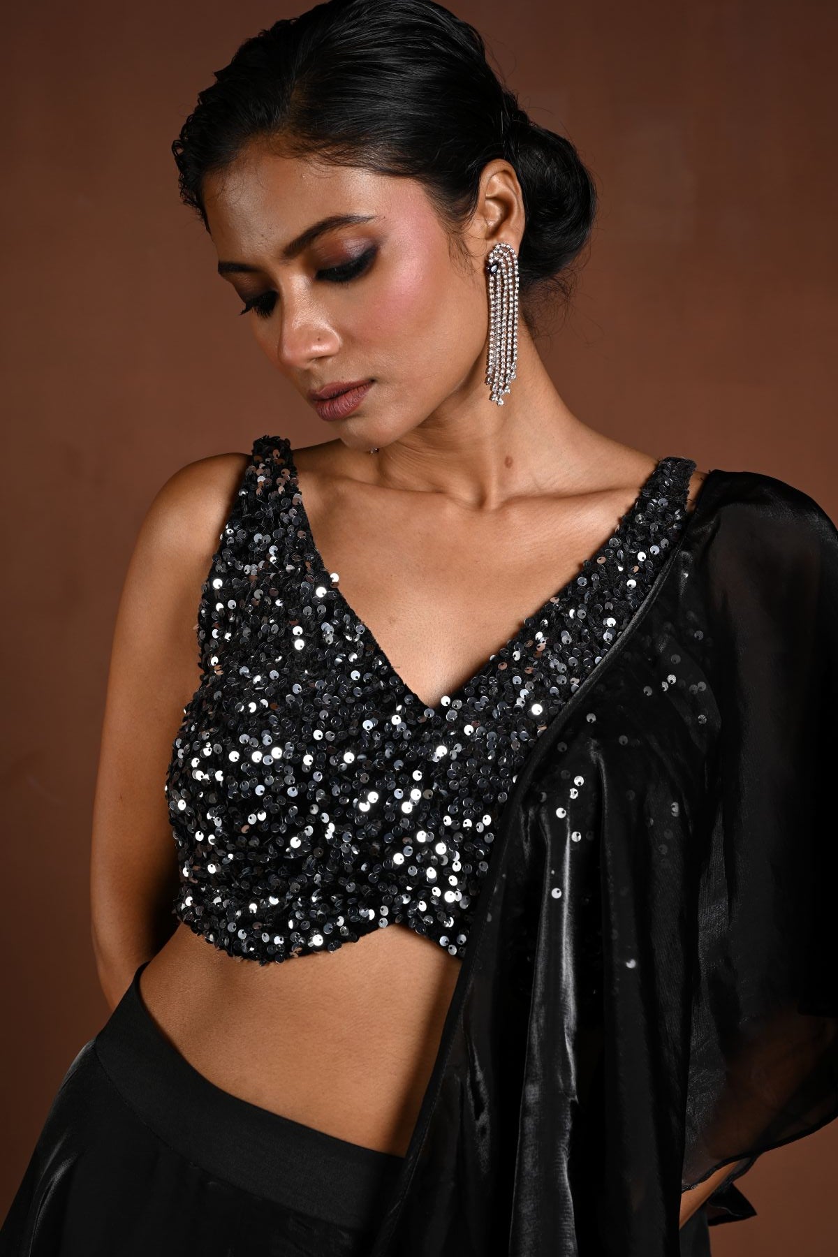Black Glass Organza Fusion Lehenga with Sequin Choli and Ruffle Dupatta - Anvi Couture