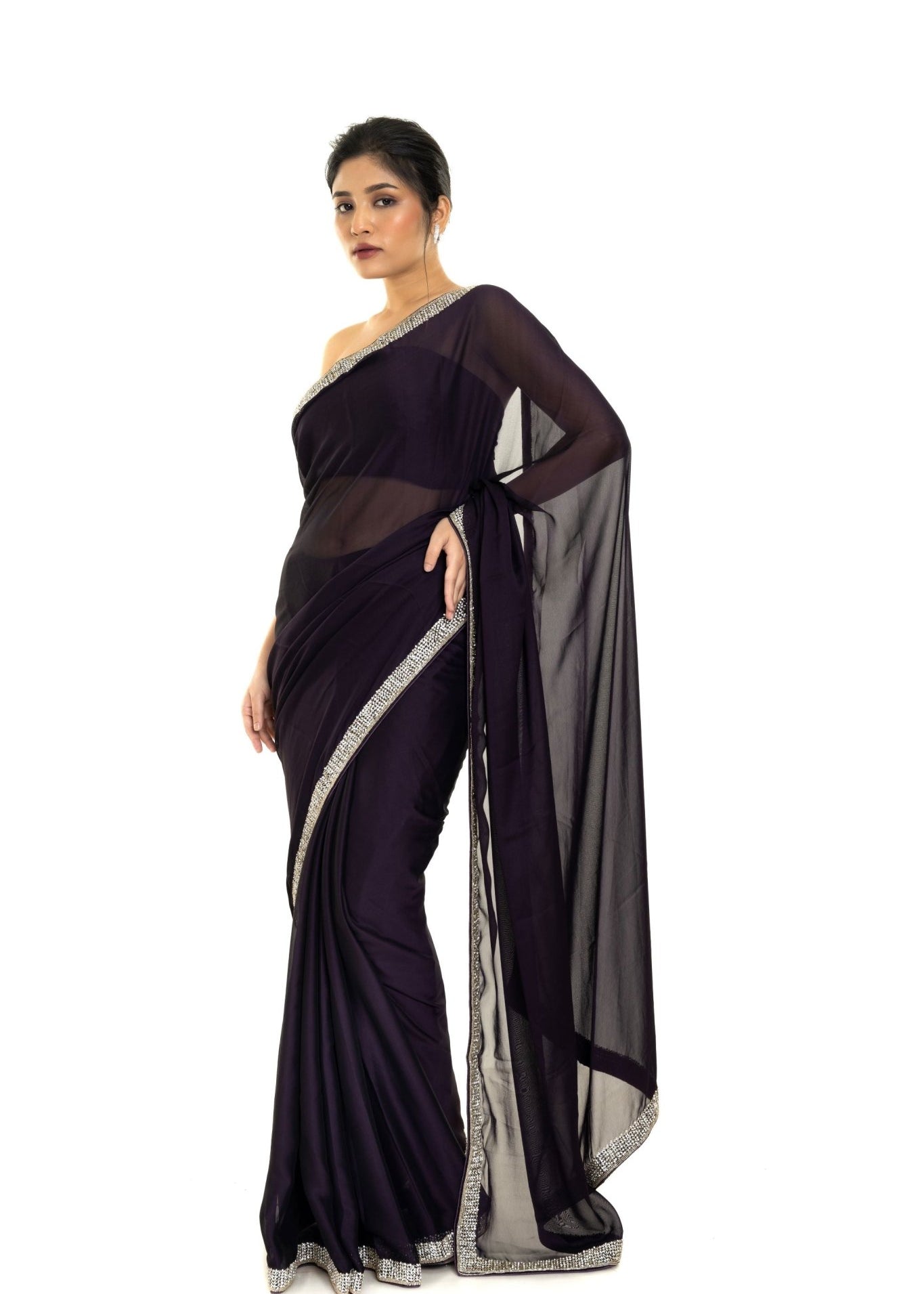 Burgundy Georgette Saree with Stone and Cutdana Embellished Border - Anvi Couture