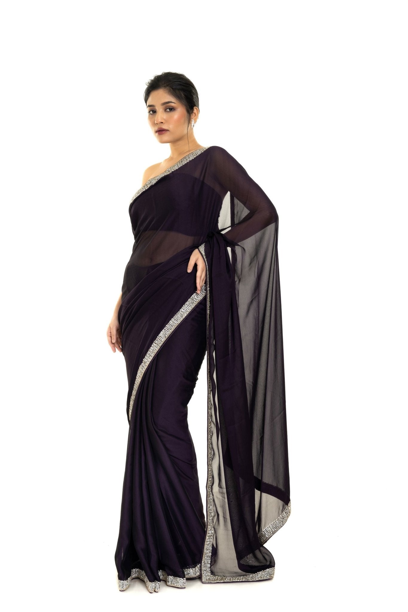 Burgundy Georgette Saree with Stone and Cutdana Embellished Border - Anvi Couture